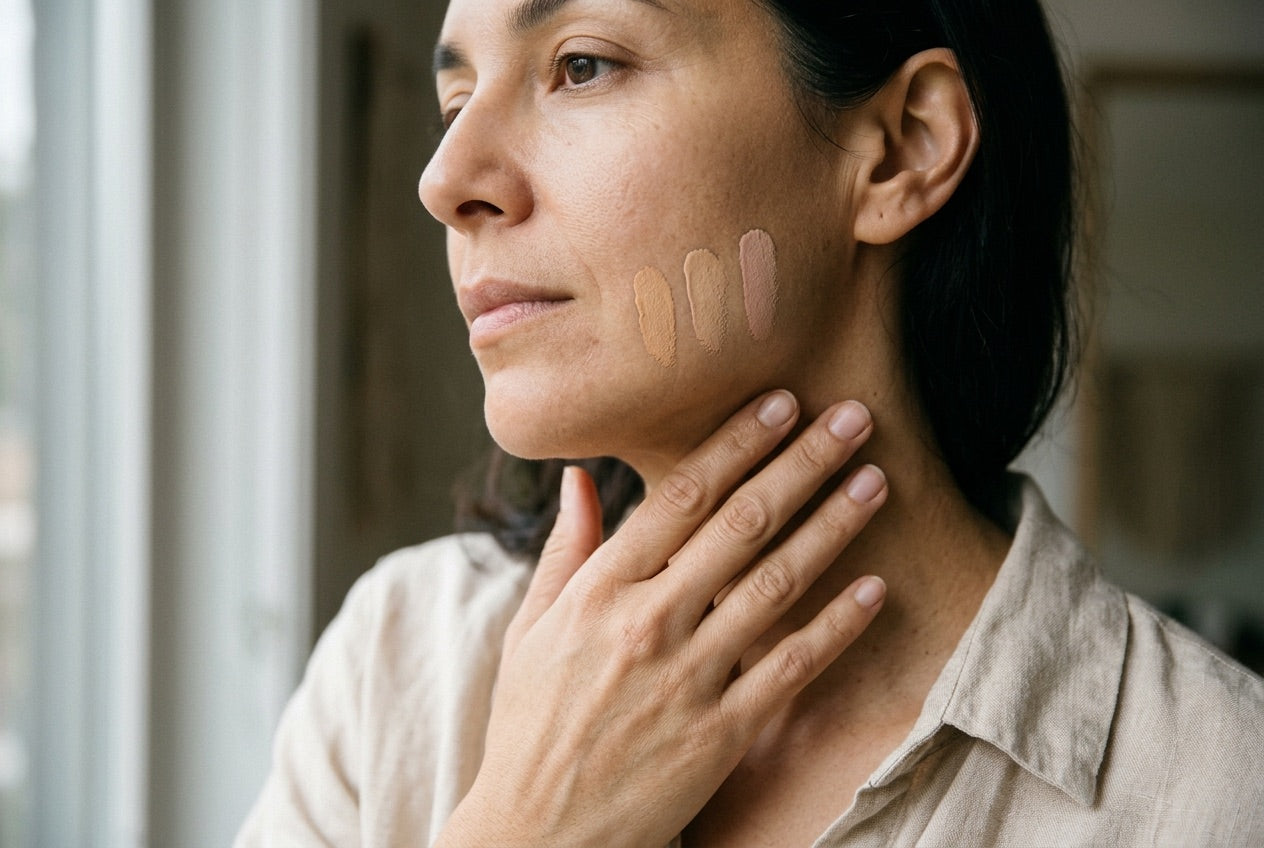 Comparer trois touches de maquillage le long de la mâchoire à la lumière naturelle — illustration du geste, pas des teintes Sanelya